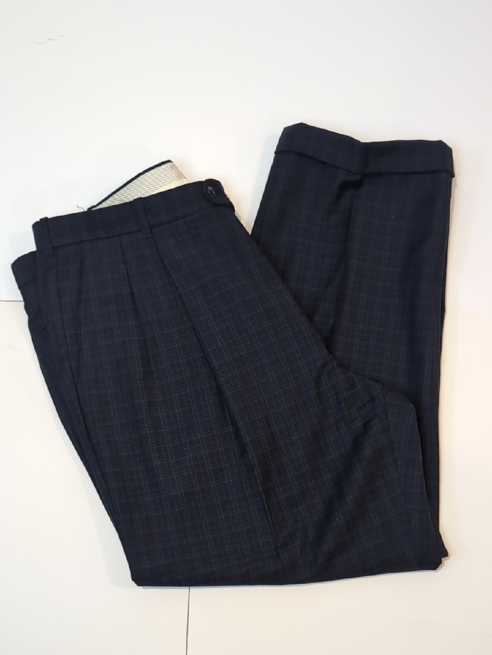 Riviera Wool Navy Blue Plaid Pleated Pants